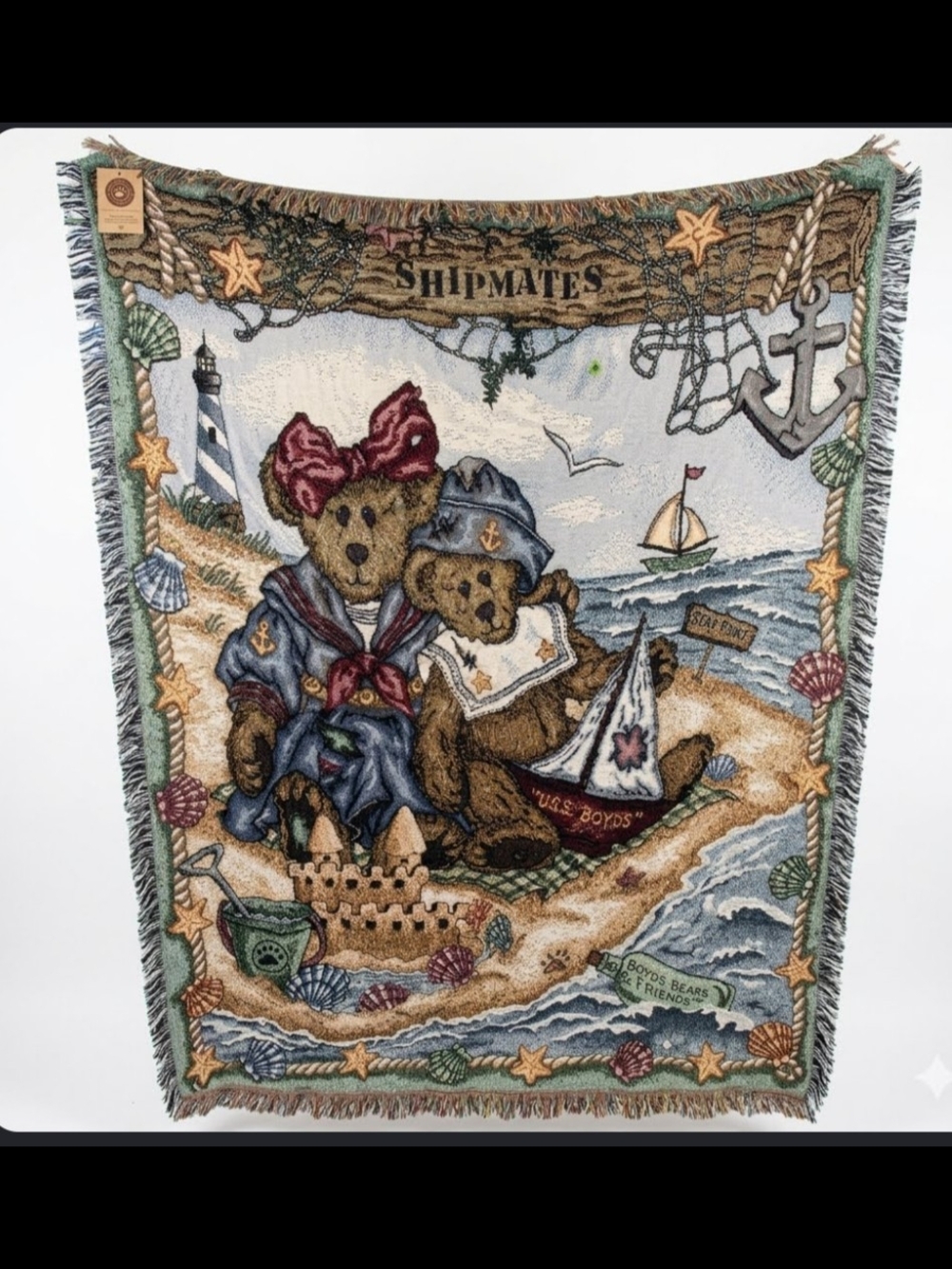 VTG Boyds Bears Shipmates Woven Tapestry Blanket Throw Afghan 1996 Coastal 51x68